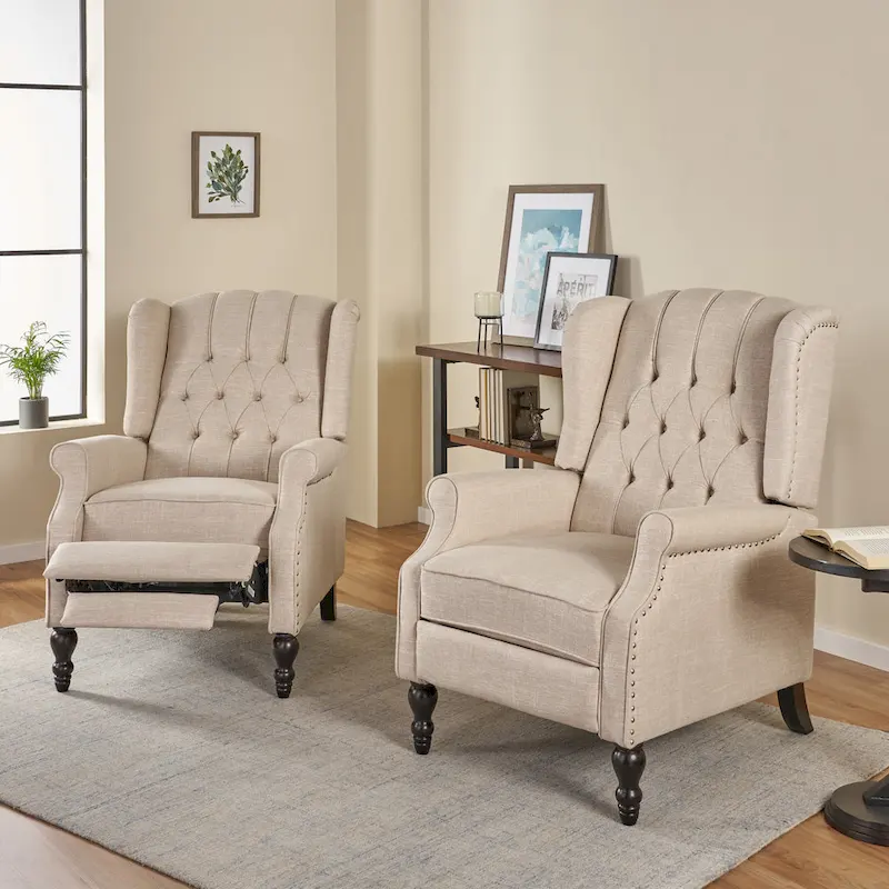 Light Gray & Dark Brown Tufted Fabric Push-Back Recliner, Set of 2