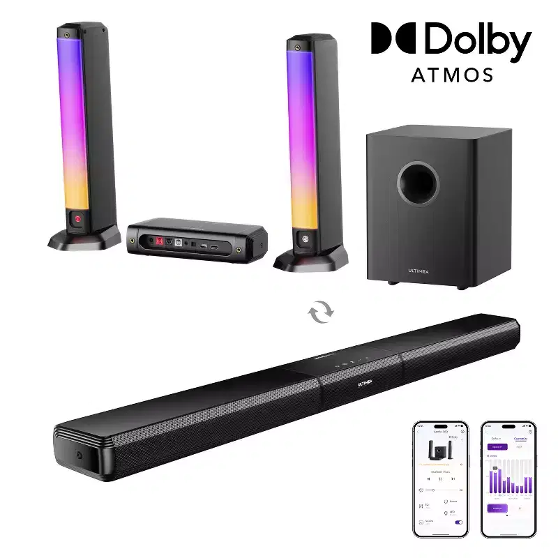 ULTIMEA Apollo S80 5.1ch Sound Bar with Dolby Atmos,Subwoofer,Detachable Soundbar,RGB Light,320W,HDMI eARC/OPT/AUX/Bluetooth