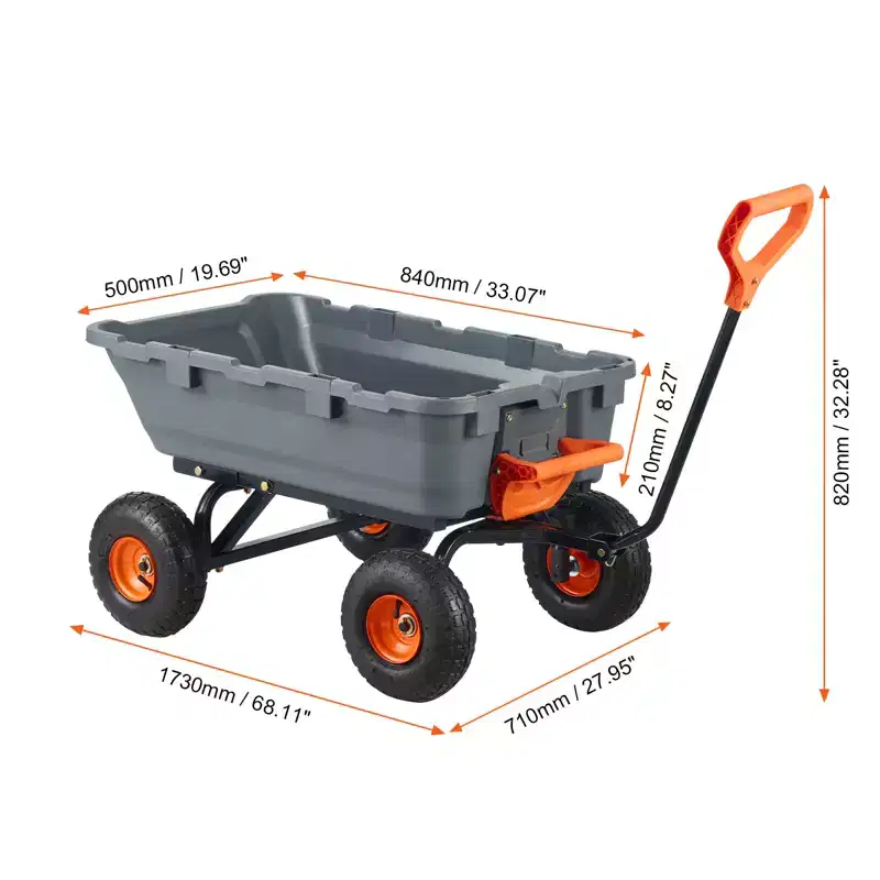 Poly Garden Dump Cart with Easy Assemble Steel Frame, 2-in-1 Convertible Handle, 800 lbs Capacity, 10 inch Tires