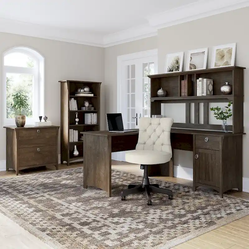 Salinas 60W L Desk with Hutch, Cabinet and Bookcase by Bush Furniture