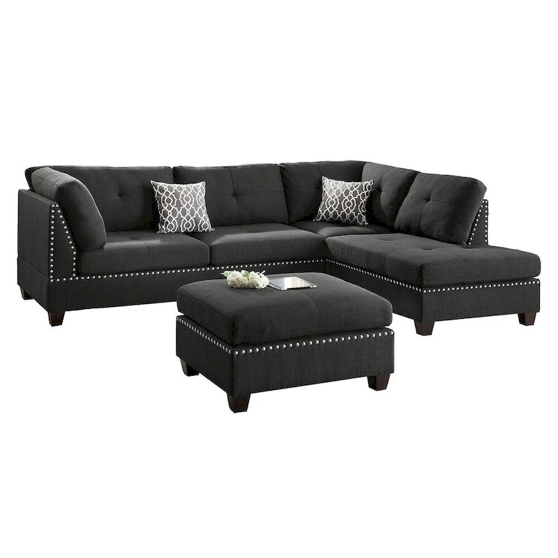 Bobkona Chaise Upholstered 3-piece Reversible Sectional Sofa Set