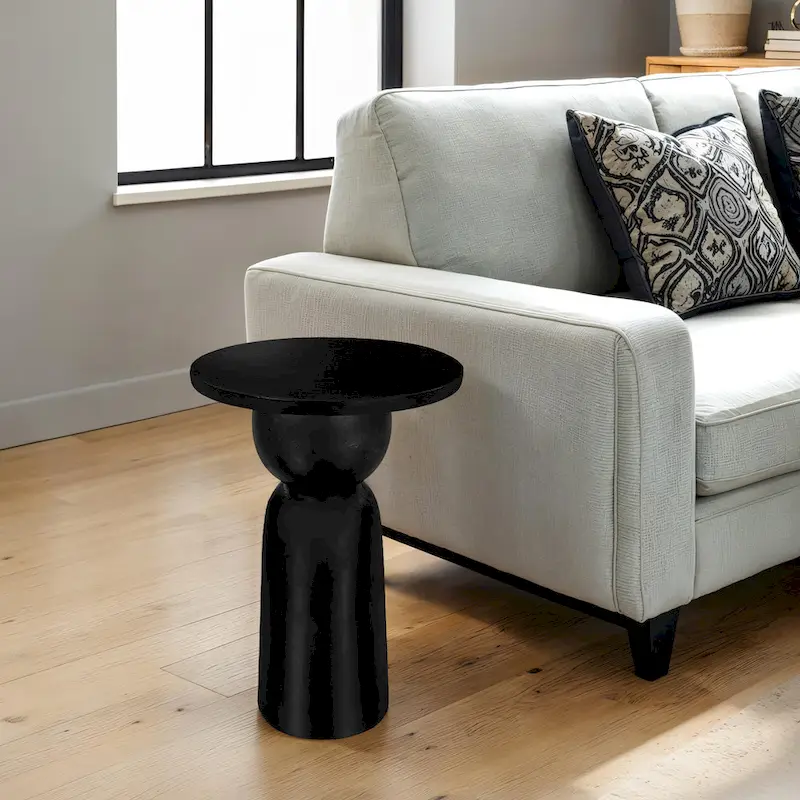 Black Round Mango Wood Side Table with Pedestal Base