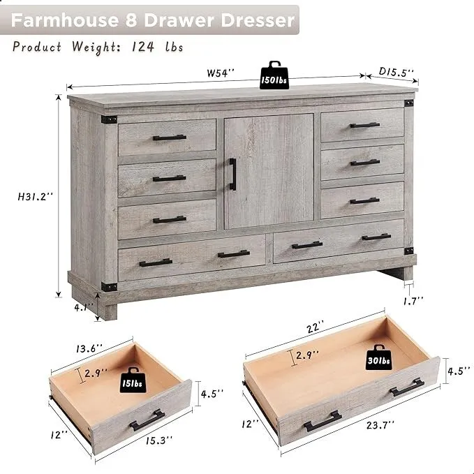 Farmhouse 8 Drawer Dresser, Wood Long Chest of Drawers, Closet Dresser