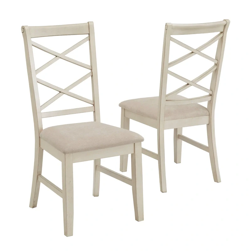 Antique White/Black Double Cross Back Sand Fabric Dining Chair, Set of 2