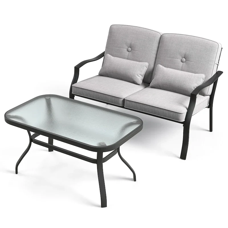 Outdoor Loveseat Chair Set with Tempered Glass Coffee Table - 48  x 30  x 29