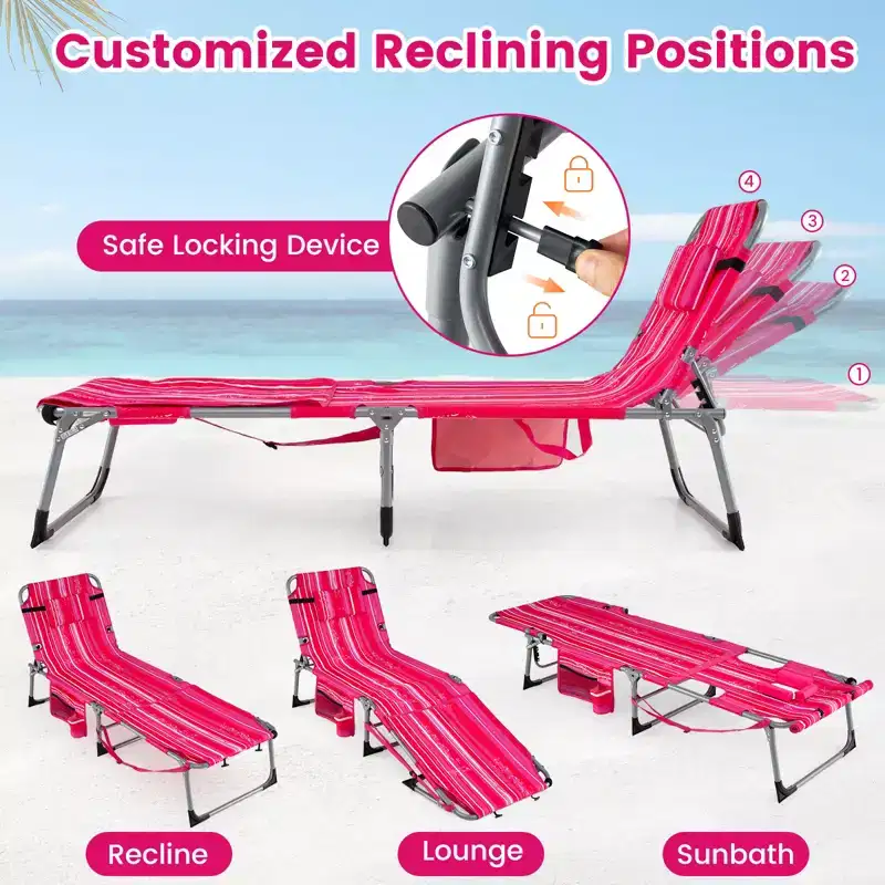 Gymax Tanning Chair w/ Face Arm Holes 4-Level Backrest & Head Pillow Side Pocket