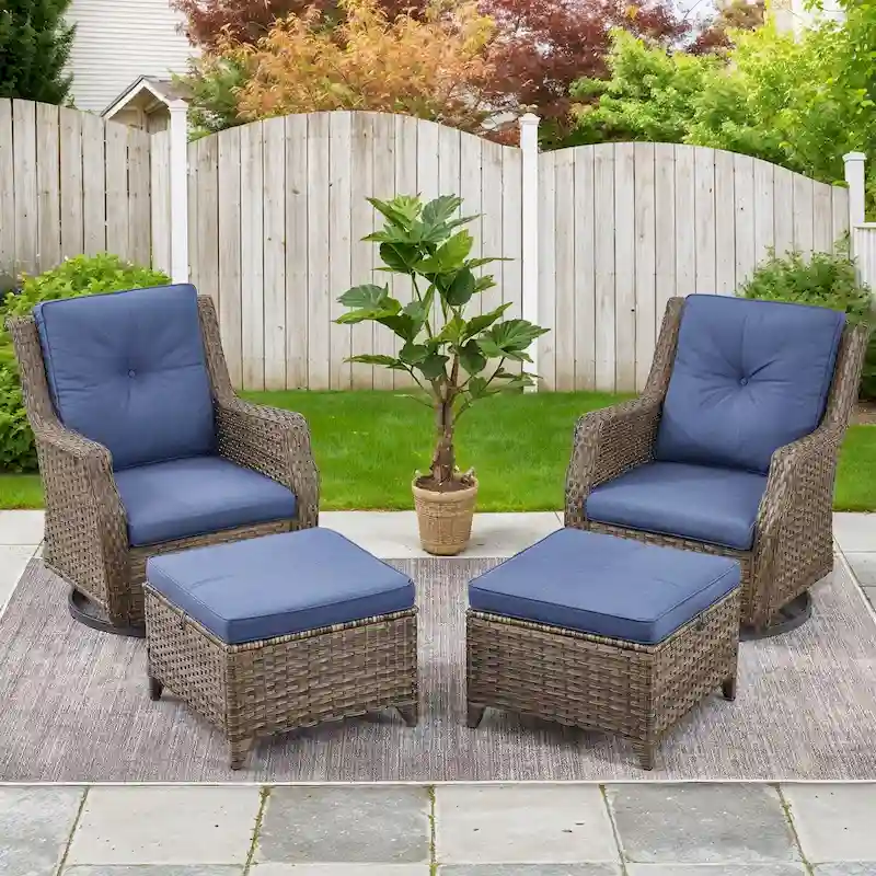 4 Piece Patio Chairs with Ottoman, Swivel Rocking Chairs - Grey