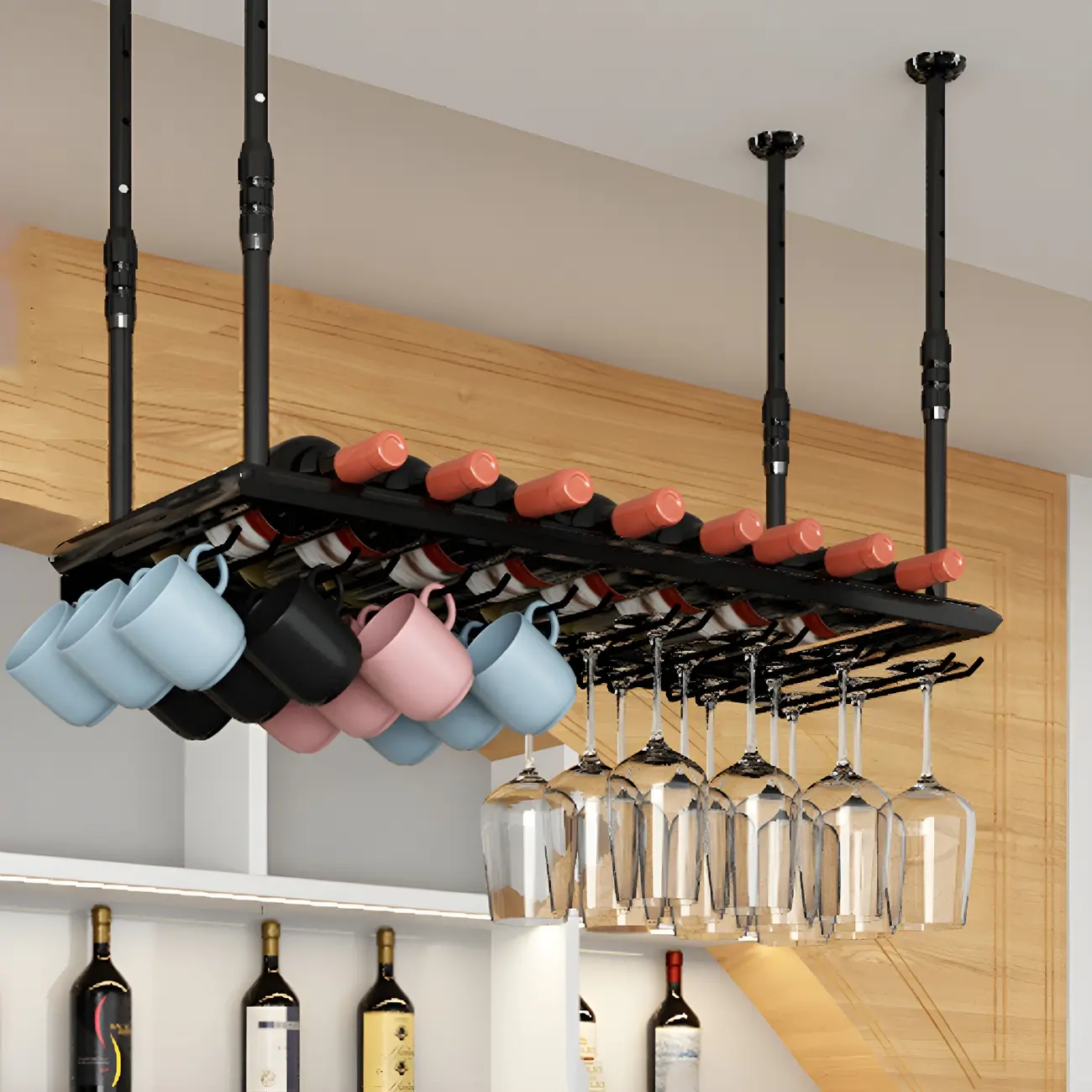 Industrial Metal Hanging Wine Rack with Glass Holder