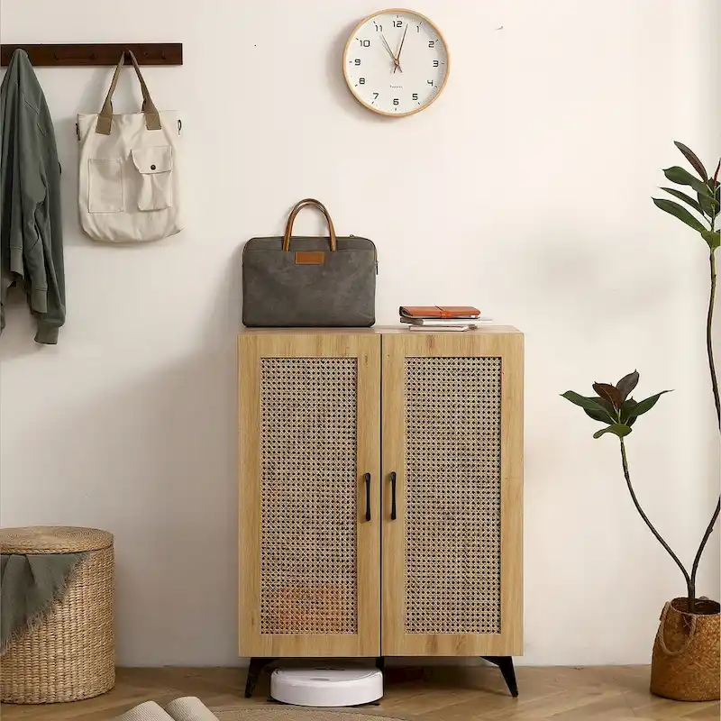 Natural Rattan Mesh Double-Door Shoe Storage Cabinet