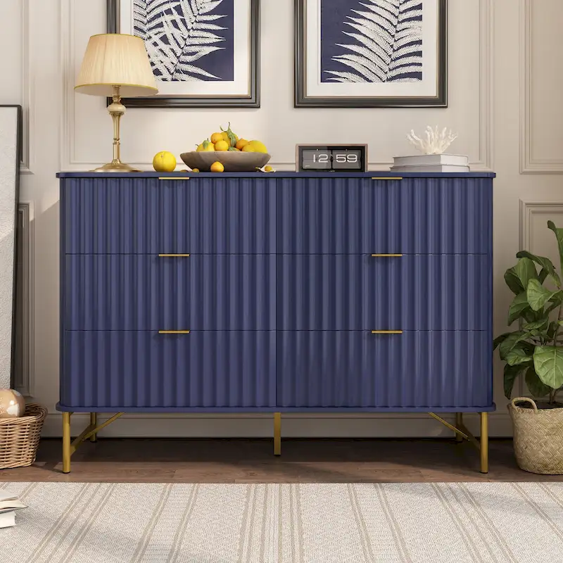 6-Drawer Accent Chest with Gold Handles & Metal Legs – White / Green / Black / Blue, Modern Style