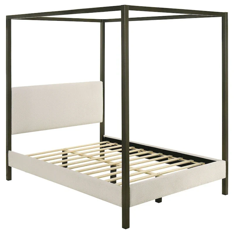 Rey Queen Size Canopy Bed, Padded Headboard, 4 Post Frame, Ivory Upholstery