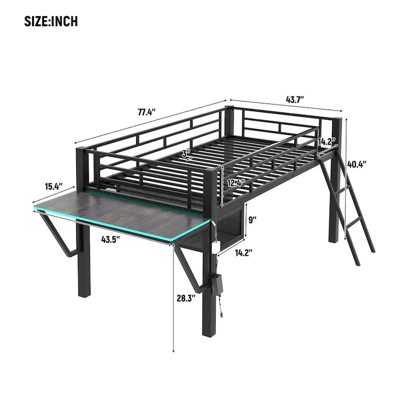 Black Twin Gaming Loft Bed with Desk, Single