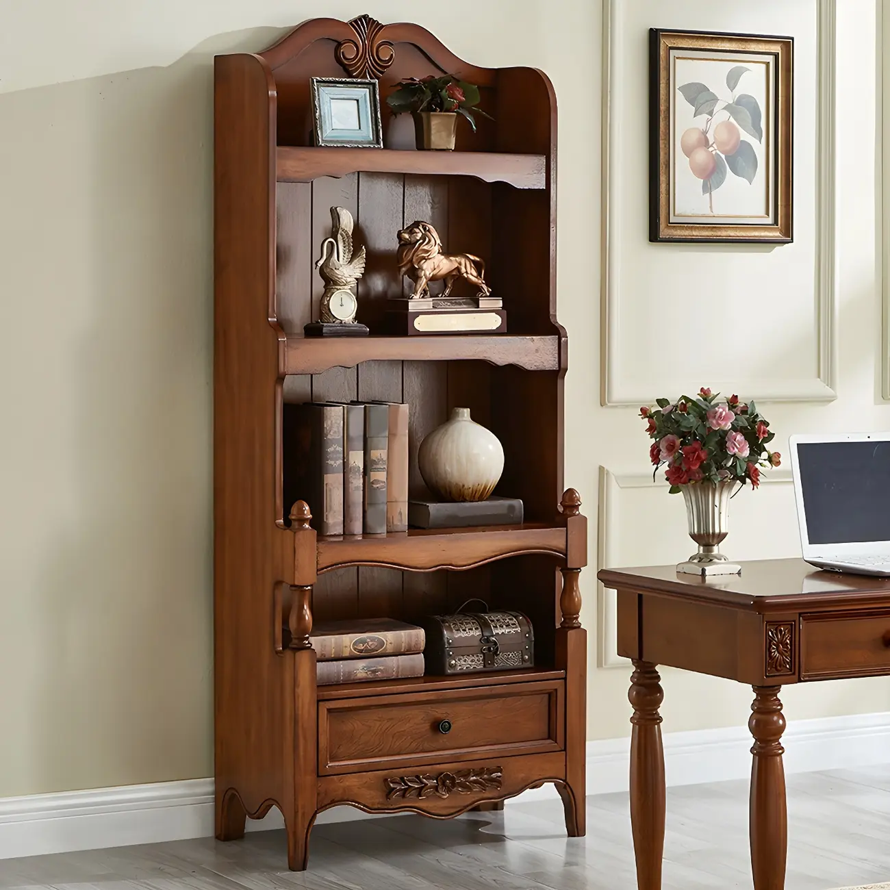 Traditional Wood 3-Shelf Brown Bookcase with Drawer