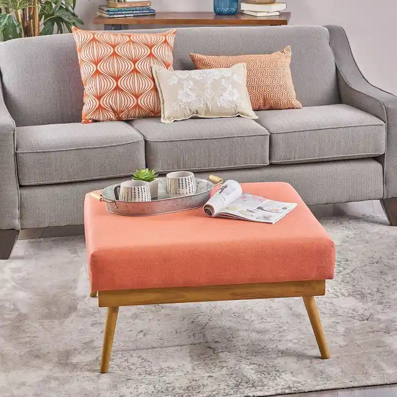 Coral Mid-Century Square Ottoman with Rubberwood Legs