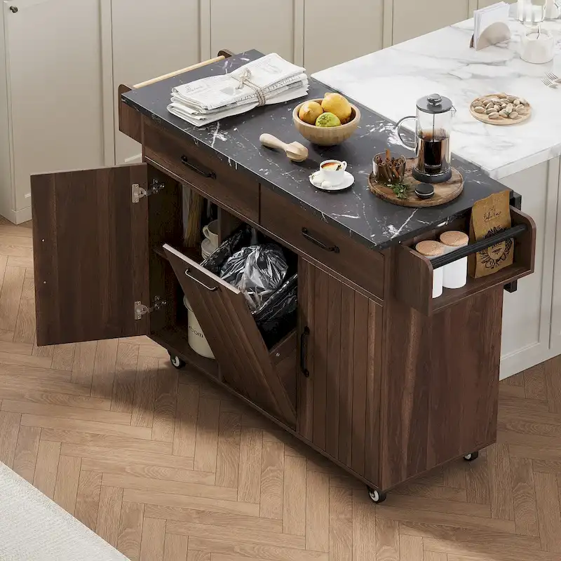 Kitchen Island with Trash Can Storage Cabinet, Drop-Leaf Cart, Spice&Towel Rack, Rolling Cart On Wheels with Adjustable Shelf