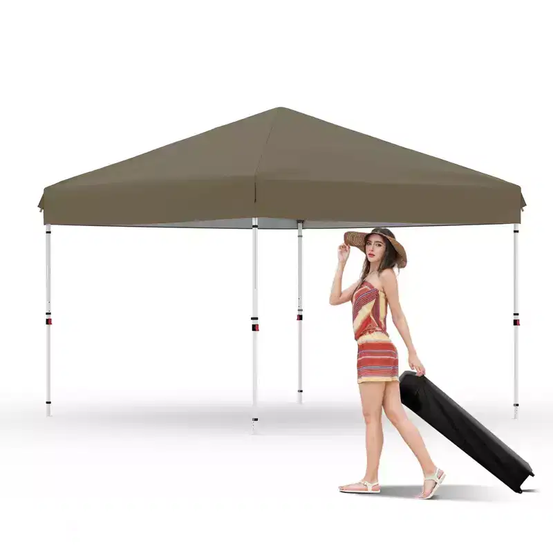 10x10 ft Pop-Up Canopy Tent with Wheeled Bag - 3 Adjustable Heights for Patio, Beach & Outdoor Events - Brown