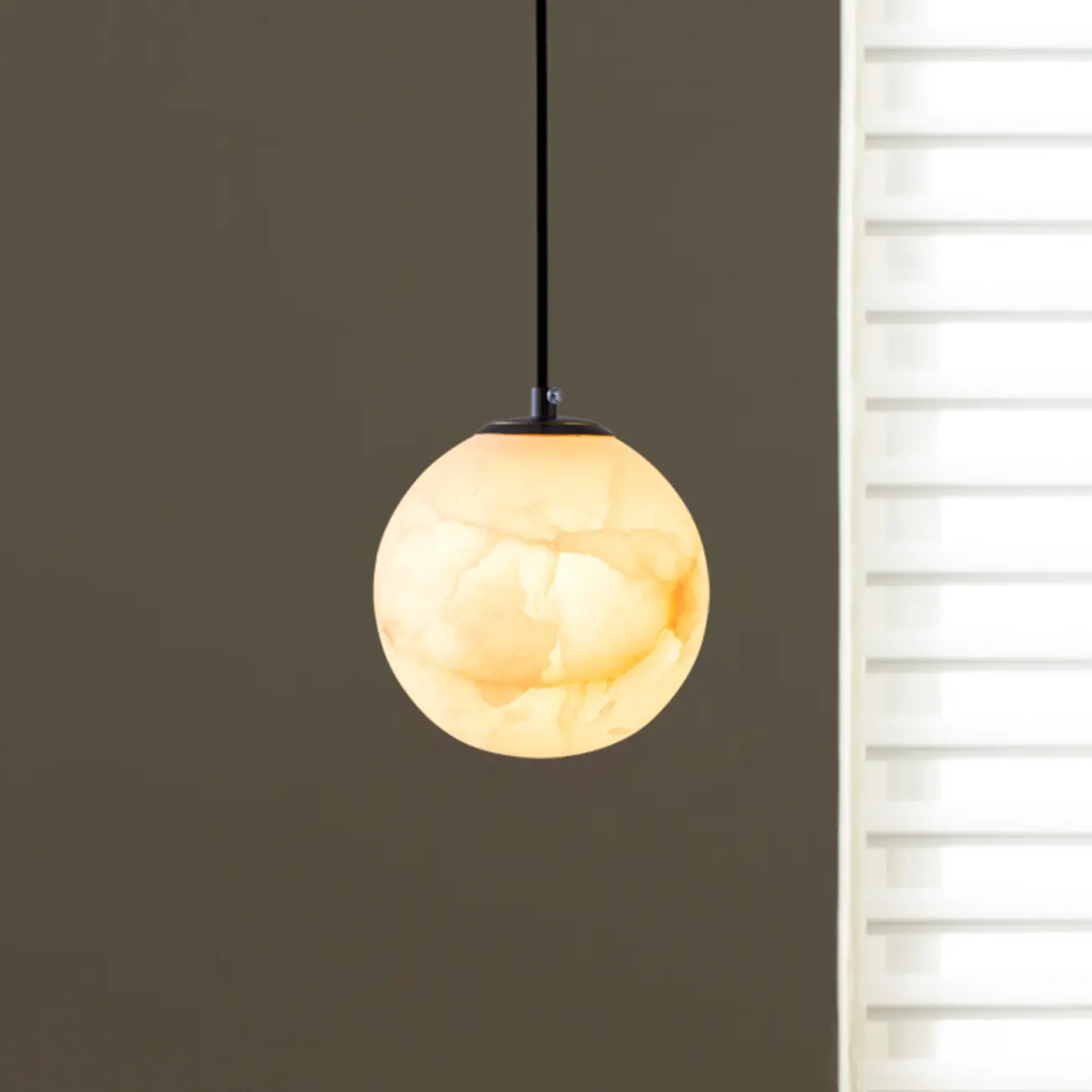 Modern Stone Globe Pendant Light Black Metal Hanging