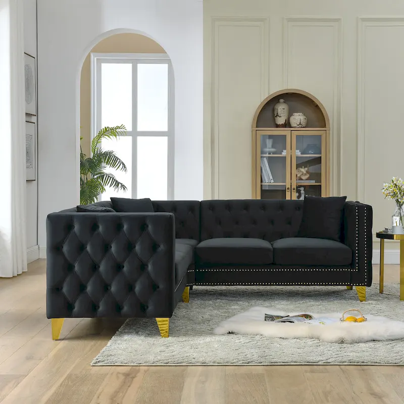 Black 82.2  Velvet Chesterfield L-Shaped 5-Seater Sectional Sofa with Nailhead Trim, Metal Legs, and Tufted Cushions