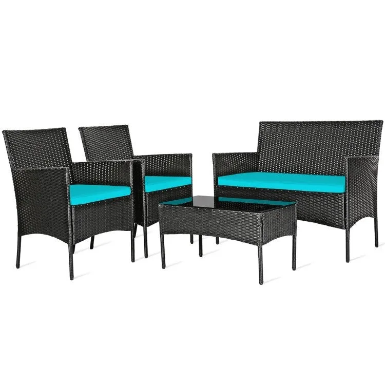 4 Pieces Patio Rattan Cushioned Sofa Set with Tempered Glass Coffee Table - 24 x 23.5 x 33 (L x W x H)