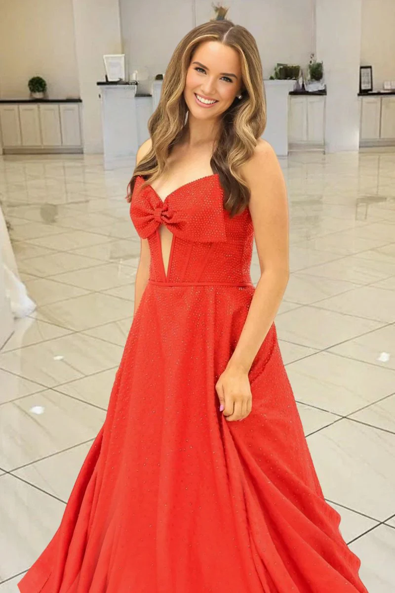 Navy Blue Strapless Satin Beaded A Line Long Prom Dresses With Bow