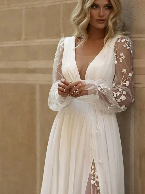 Long Sleeve Boho Flowy Wedding Dress Lace A-Line V-Neck Beach Gown with Split Front and Sweep Train