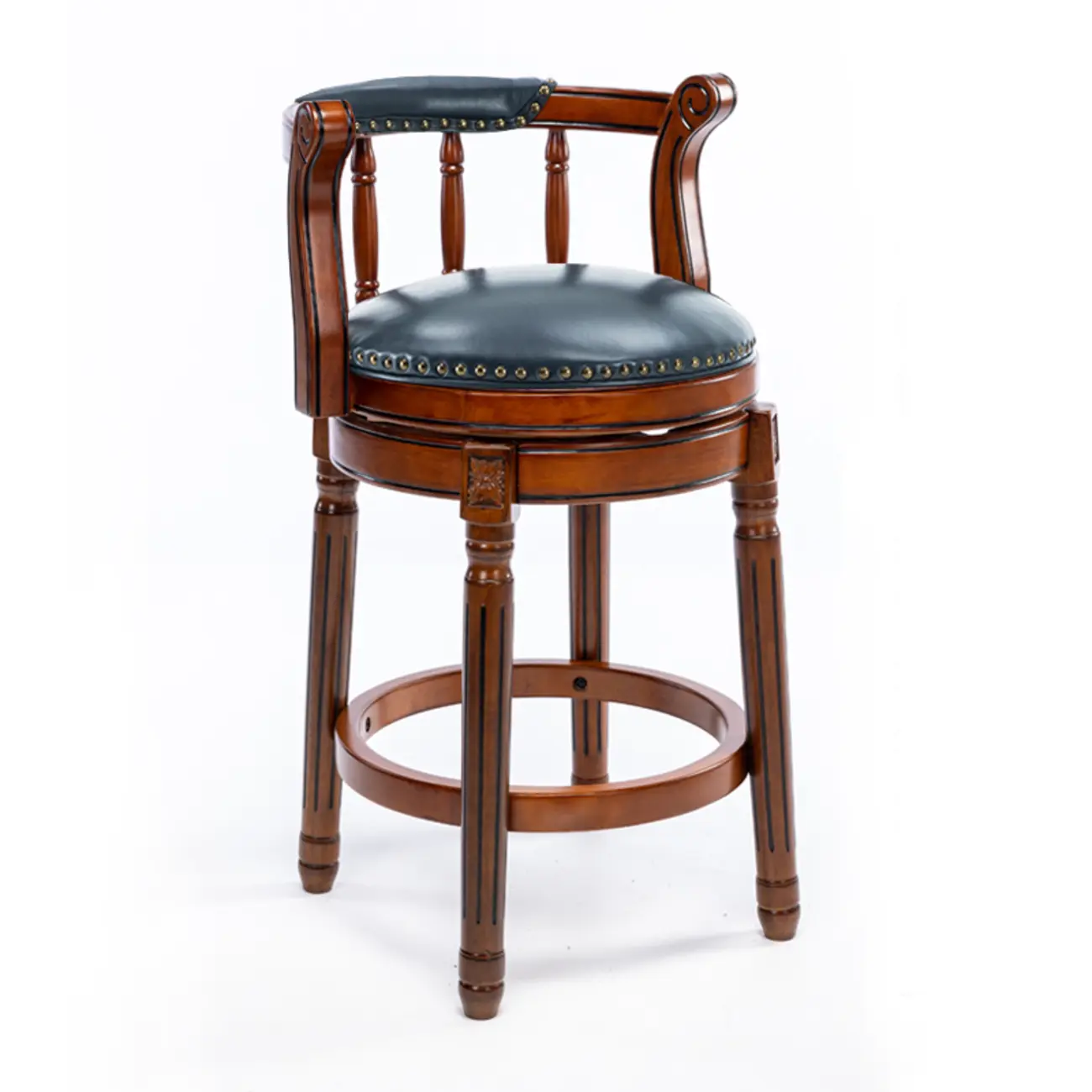 Swivel Counter Height Bar Stools in Genuine Leather & Walnut Solid Wood