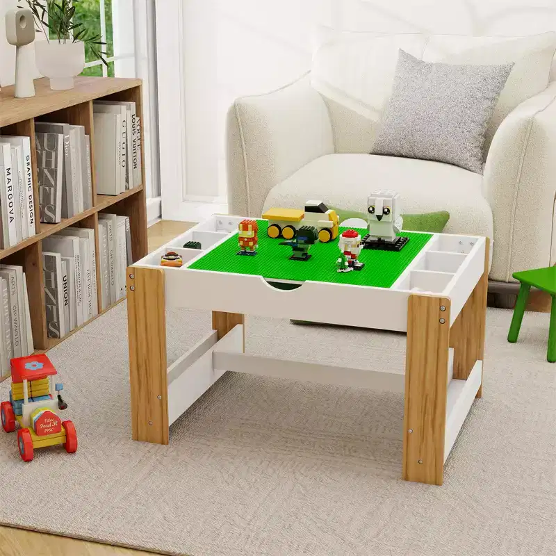 Kids 2 in 1 Play Table with 7 Storage Compartments,Compatible with LEGO Building Block,Modern Activity Learning Table Game Furniture-White