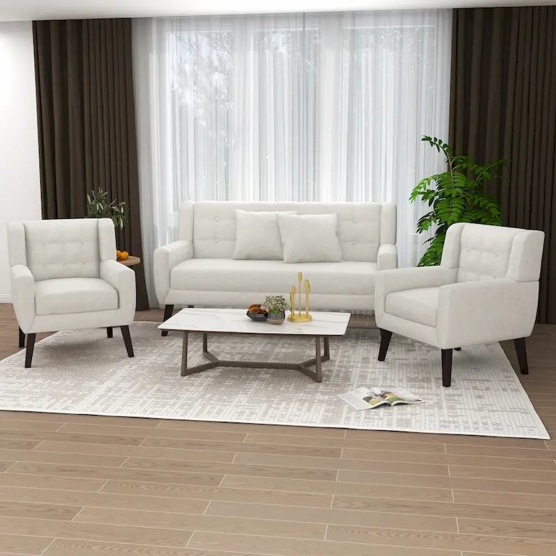 3-Piece Tufted Linen Loveseat & Armchair Set, Beige/Grey/Yellow/Blue/White/Light Blue, Seats 3+