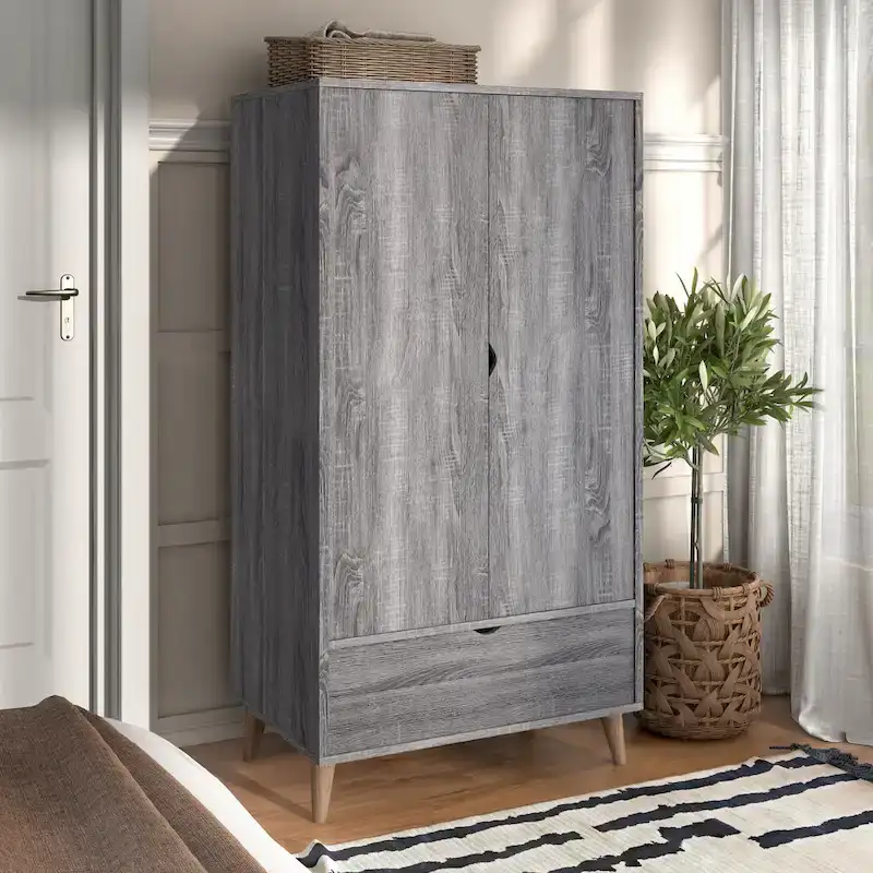 Minimalist Mid-Century Modern Distressed Grey 1-Drawer Wardrobe Armoire