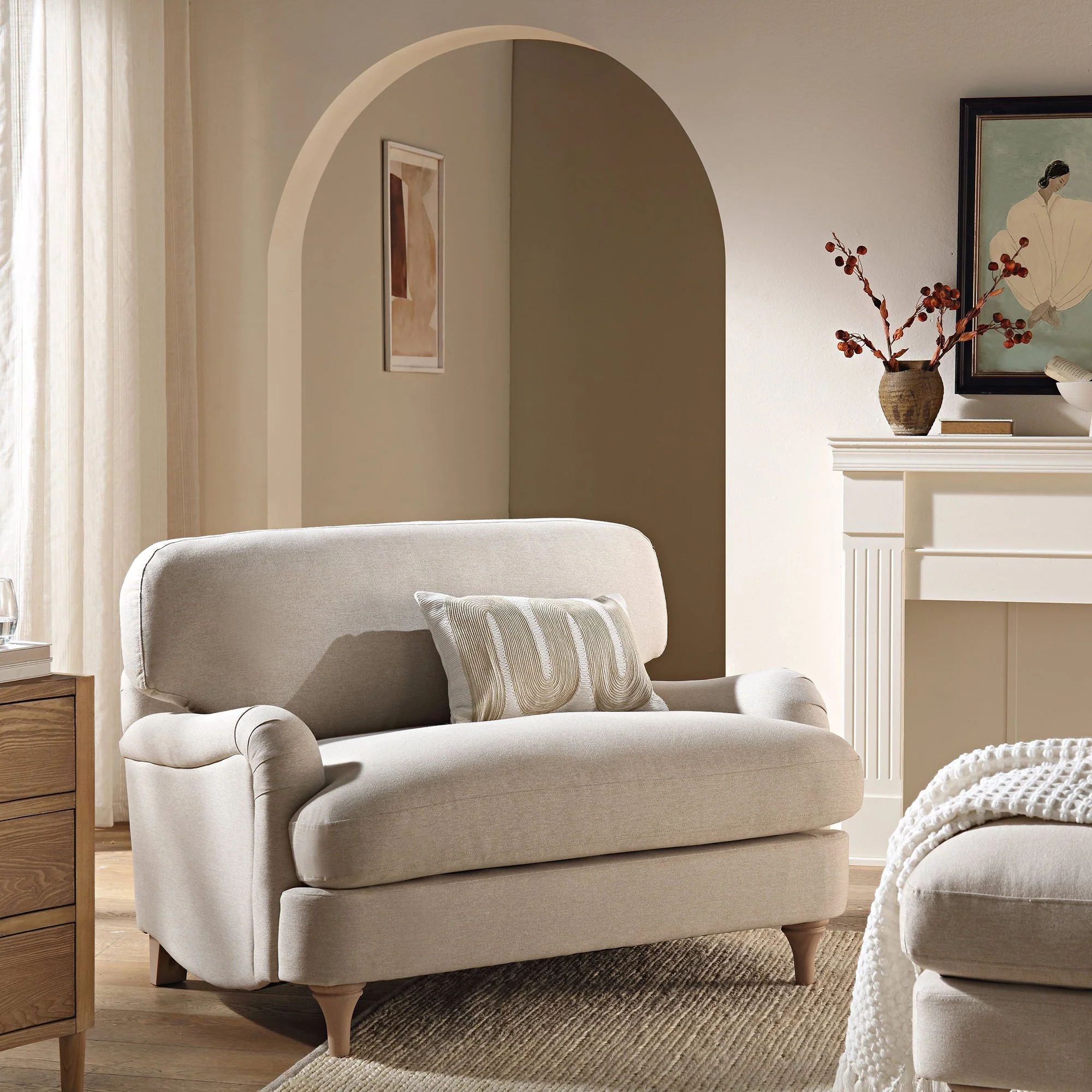 Traditional English Loveseat Sofa - Oatmeal Brushed Fabric, Curved Back, Hand Tufted Armrests, 1.5-Seater