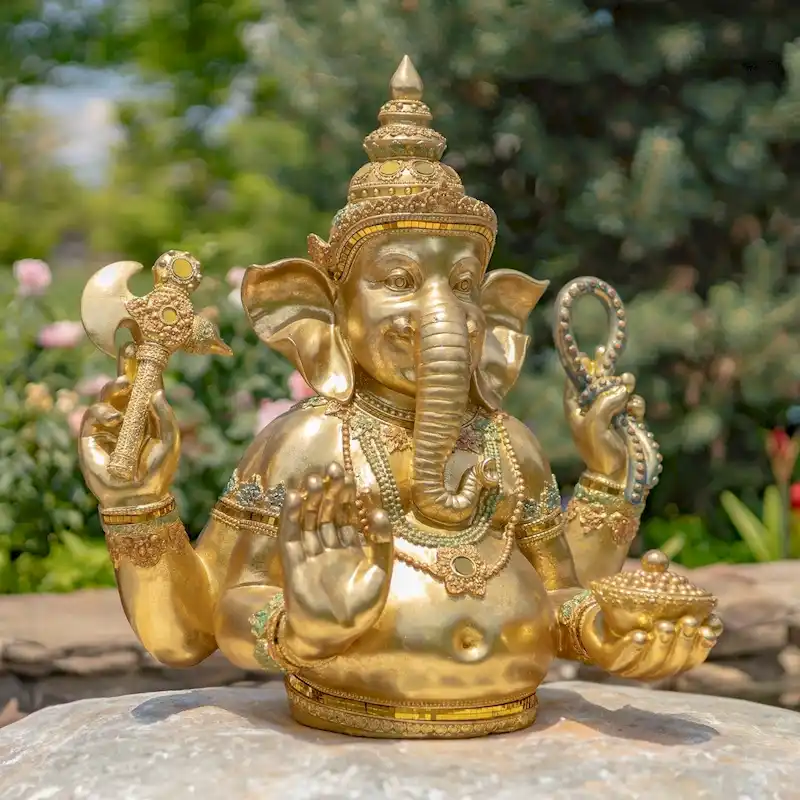 25.2  Tall Ornate Metallic Gold Polyresin Ganesh Statue - 24.02  x 16.14  x 25.2