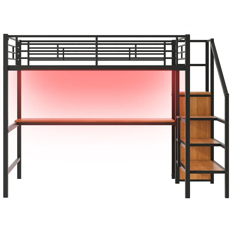 Black Full Size Metal Loft Bed with Desk, Wardrobe & LED Light, 1-Person