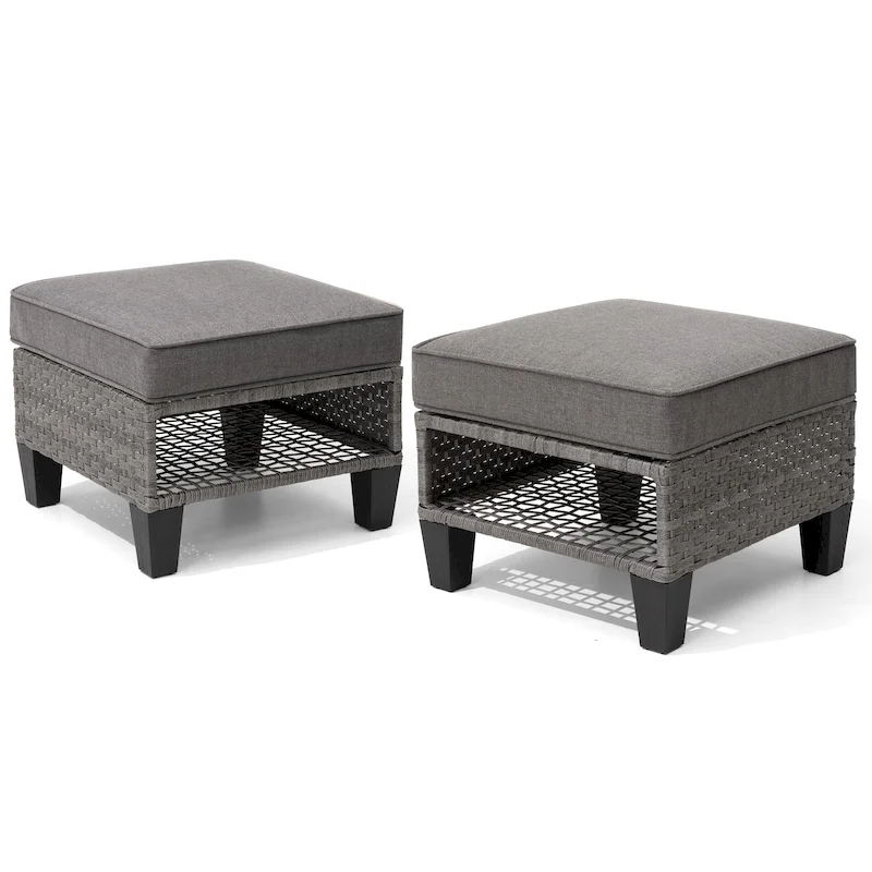 Pellebant Outdoor 2PCS Cushioned Rattan Wicker Storage Ottomans