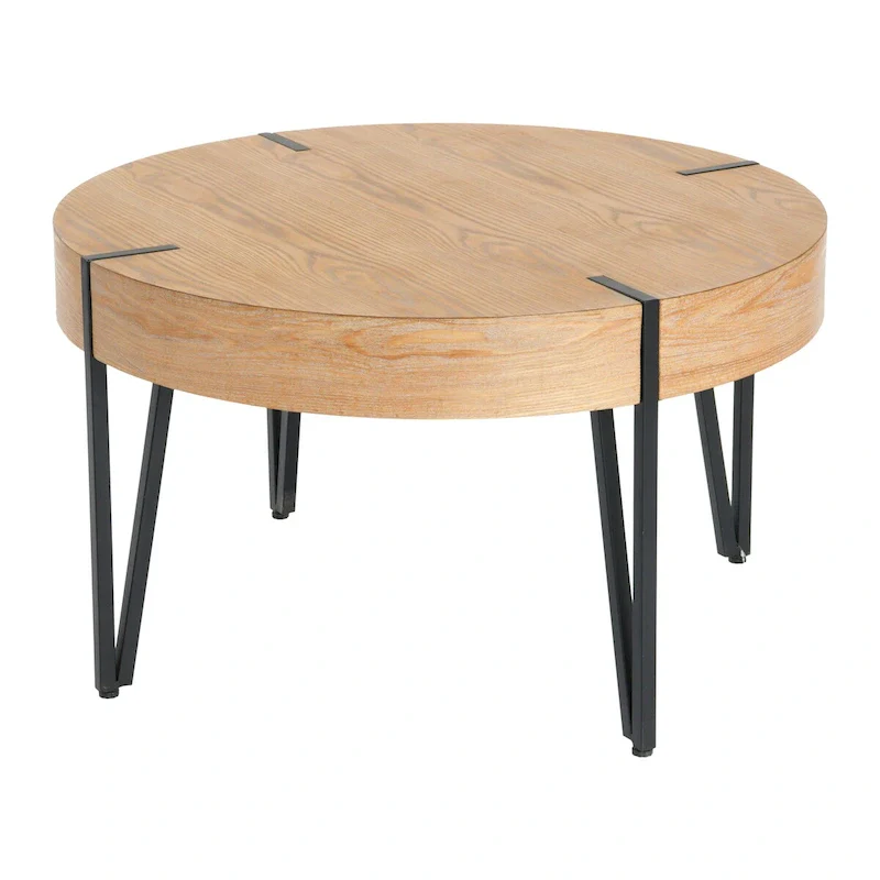 Black & Natural Round Side Table with Black Metal Legs