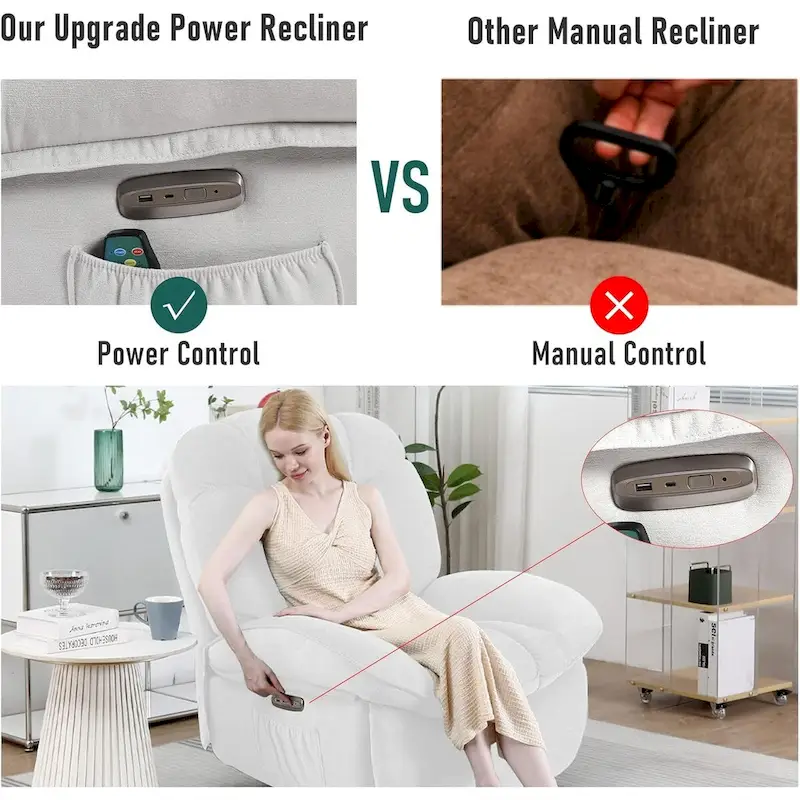 Swivel Power Recliner Chair, Massage Rocker with Heat, USB, USB-C and Side Pocket