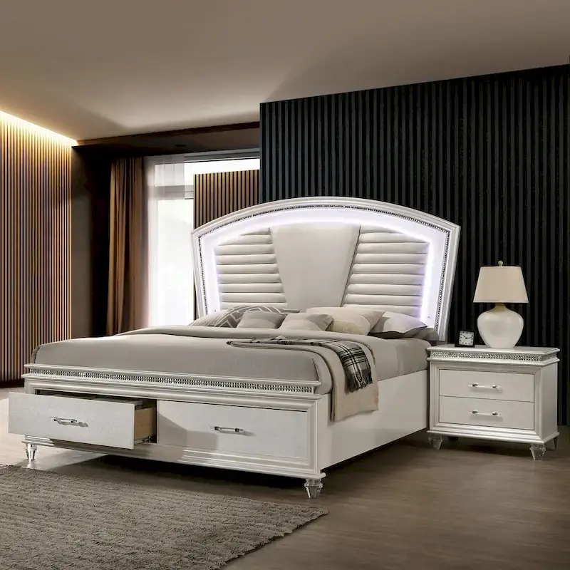 White Glam Platform Bed Set with LED Headboard – 2-Piece, for 1–2 People