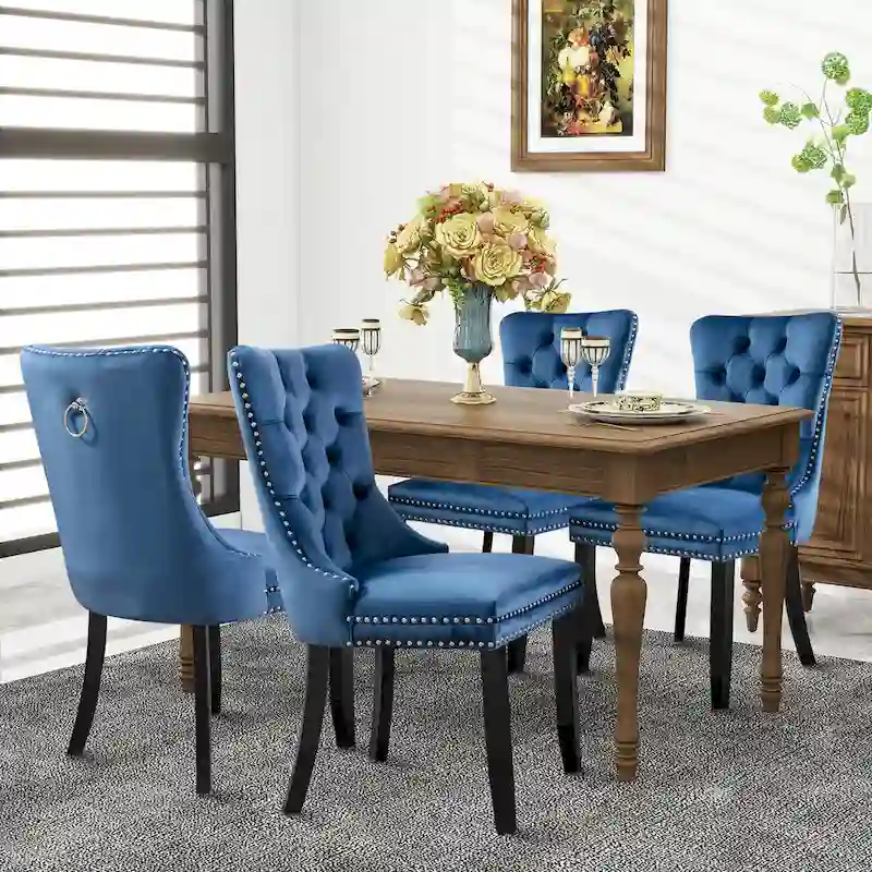 Velvet Dining Chairs, Tufted Solid Wood Armless Chairs Accent Chair with Nailhead Trim and Back Ring Pull