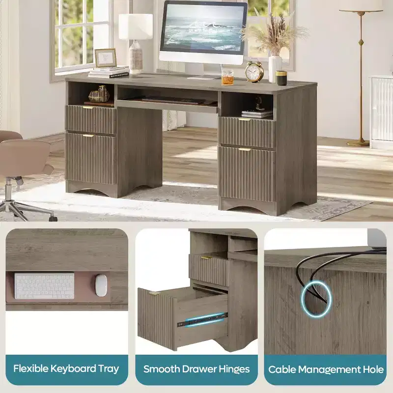 Bestier 59'' Executive Office Desk with Drawers, Computer Desk with Keyboard Tray, Business Desk Writing Workstation for Home Office with Open Shelves