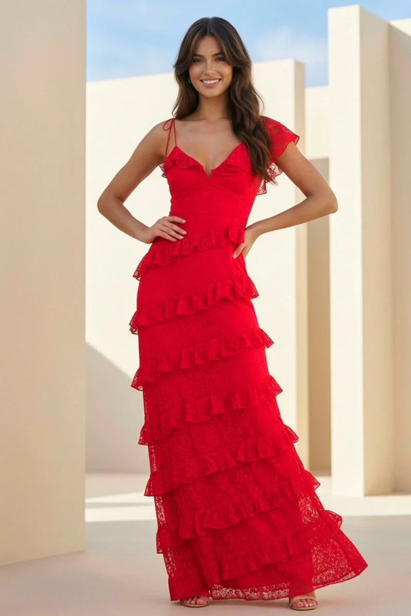 Red Sheath V Neck Lace Long Prom Dresses With Ruffles