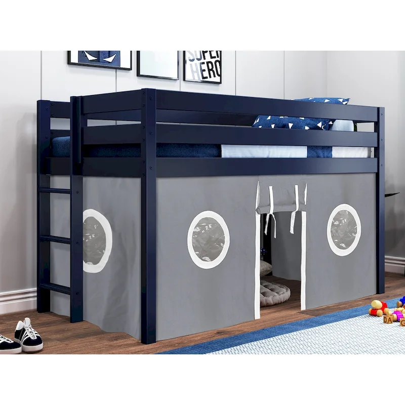 Contemporary Low Loft Twin Bed with End Ladder and Tent