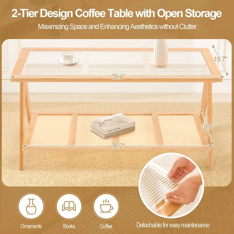 2-Tier Rectangular Coffee Table, Glass Top Sofa Table - 39.4 L x 19.7 W x 19.7 D
