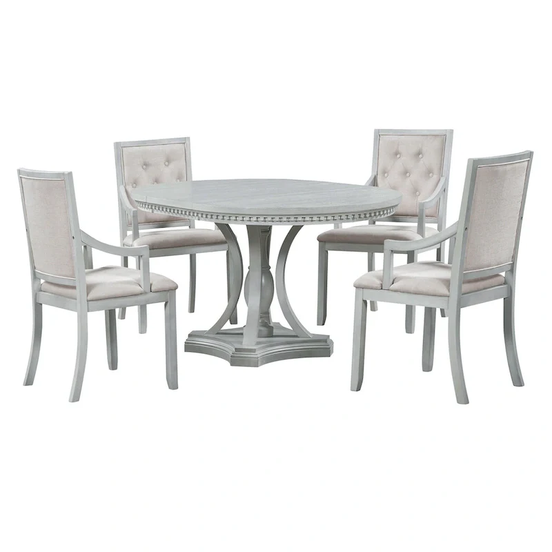 Antique Gray Retro 5-Piece Wooden Dining Table Set with Extendable Round Table & 4 Chairs