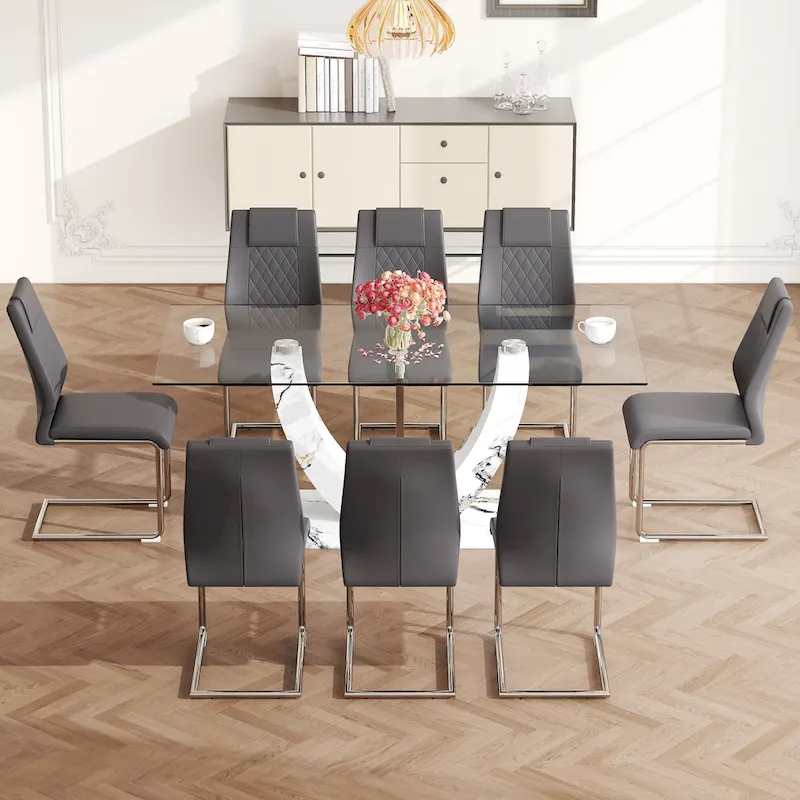 Modern Tempered Glass Dining Table Set with U-shaped Marble Pattern Base and PU Upholstered Chairs