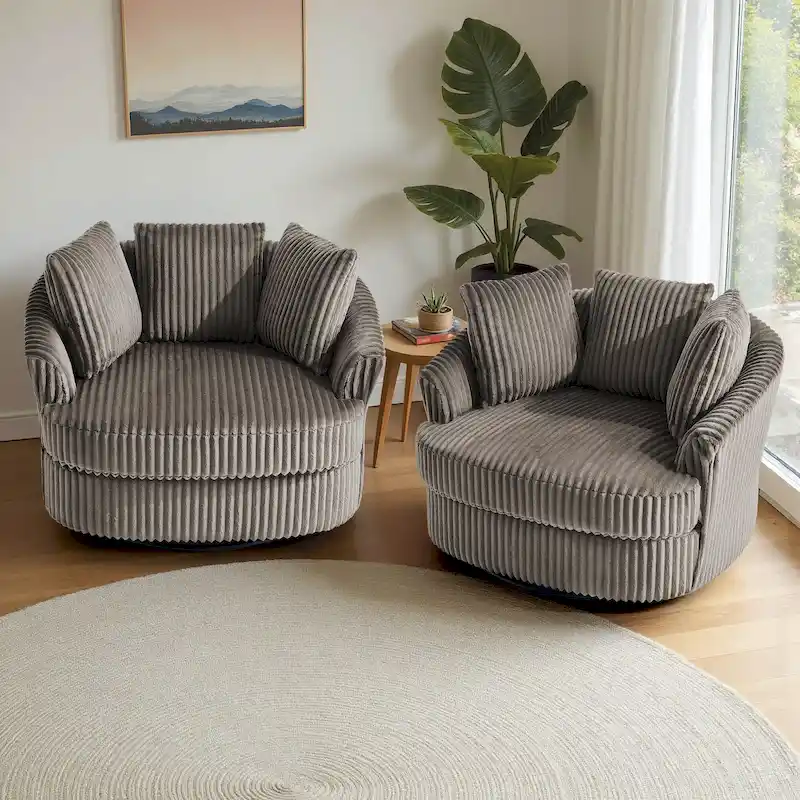 2 Set Oversized 43  W Plush Corduroy Swivel Barrel Chair with Pillows