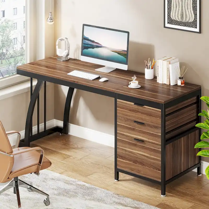 59-inch Wood/ Metal Computer Desk Writing Table with 3 Reversible Drawers