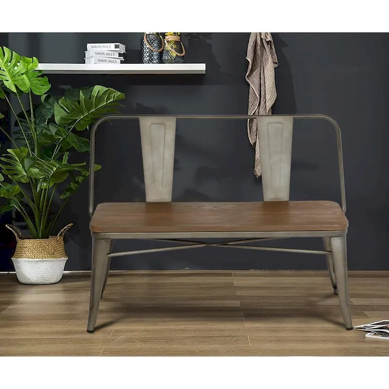 Dining Bench, Entryway Bench with Back, Farmhouse Metal Dining Bench, Industrial Mid-Century 3 Person Bench, Wood Seat