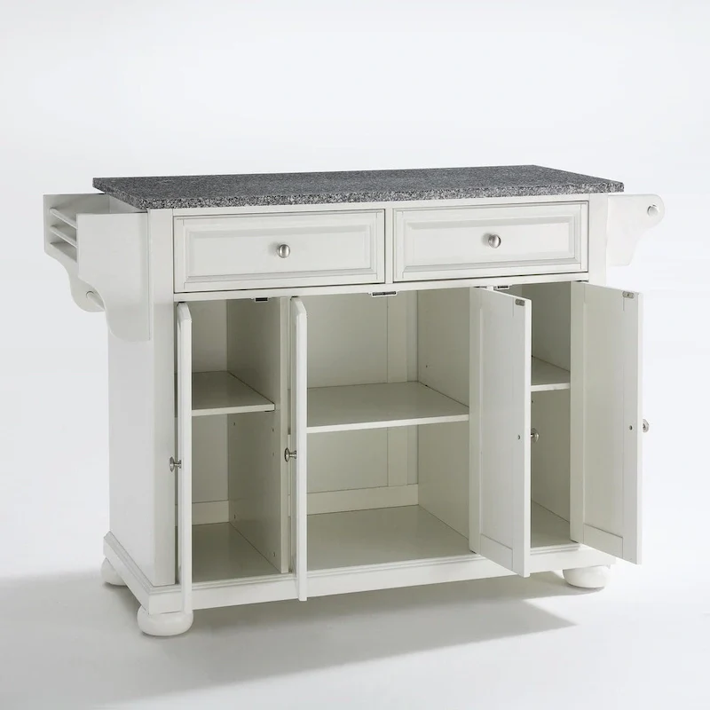 Solid Granite Top Kitchen Island - Stationary Storage Cabinet (White)