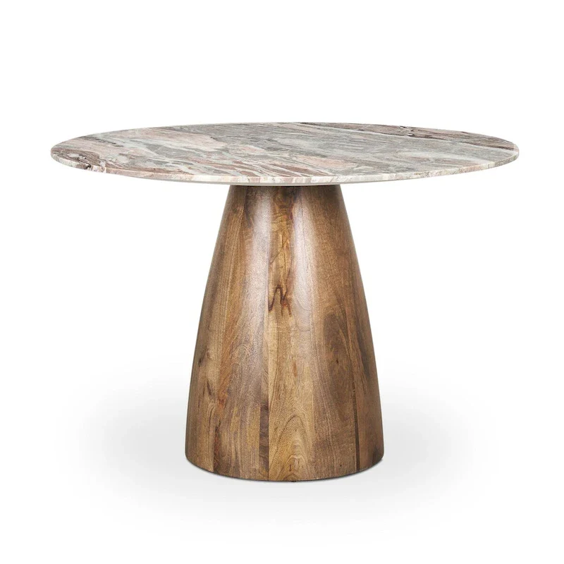 Round Pedestal Dining Table with Marble Top and Wood Base – 42
