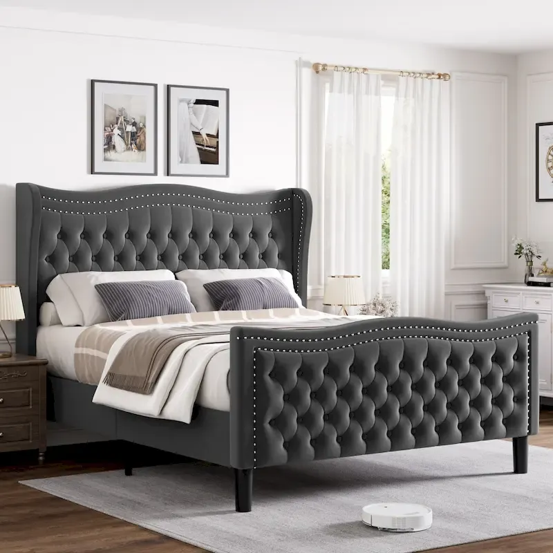 King Size Velvet Platform Bed with Upholstered Headboard