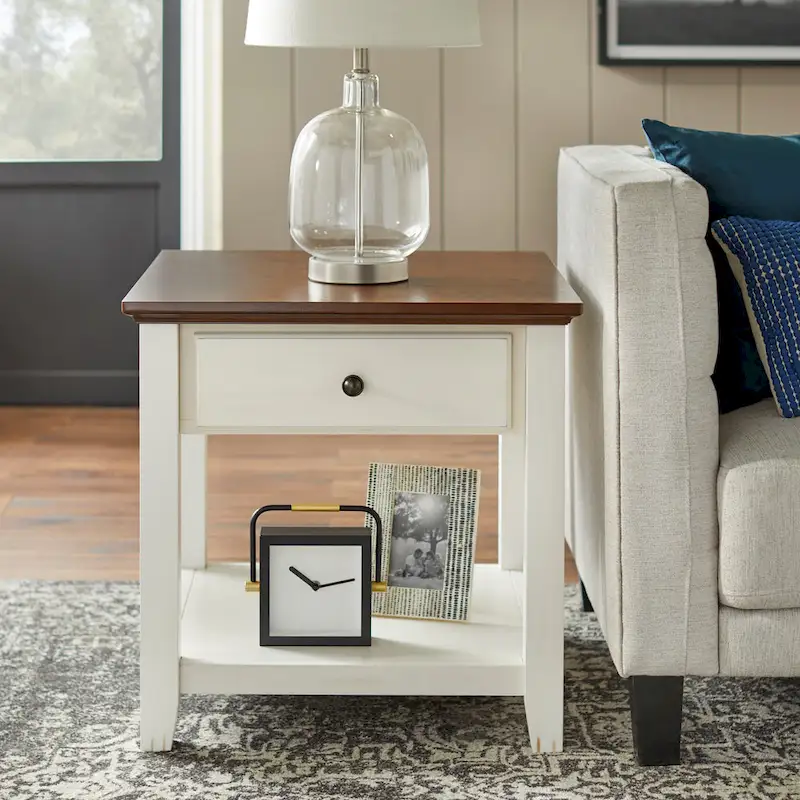 Off-White and Chestnut End Table with Drawer and Shelf